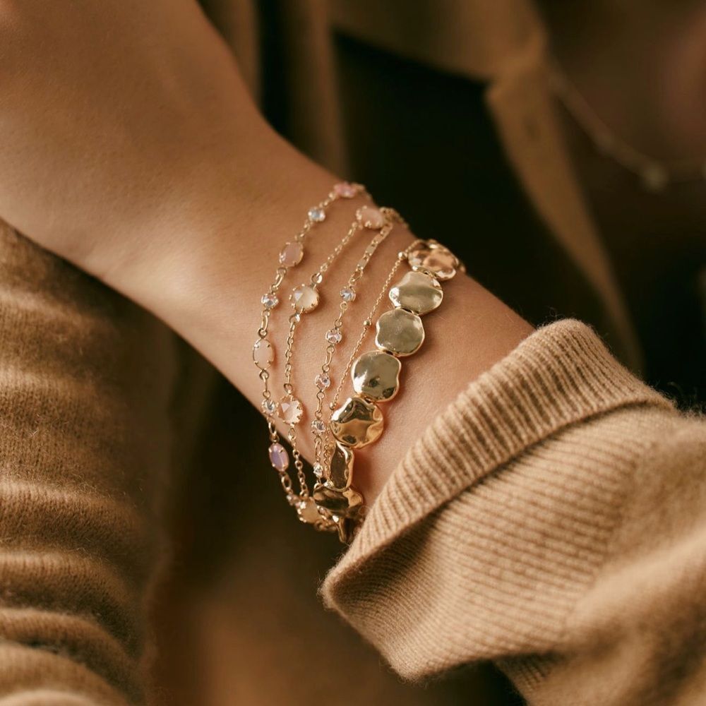 NWT Anthropologie Layered Crystal Bracelet Peach 14k Gold-plated Brass + Pouch